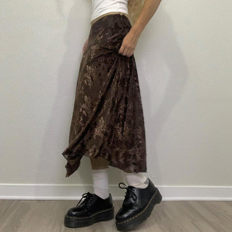 Vintage Dark Velvet Retro Printed Slim Ankle Length Skirt