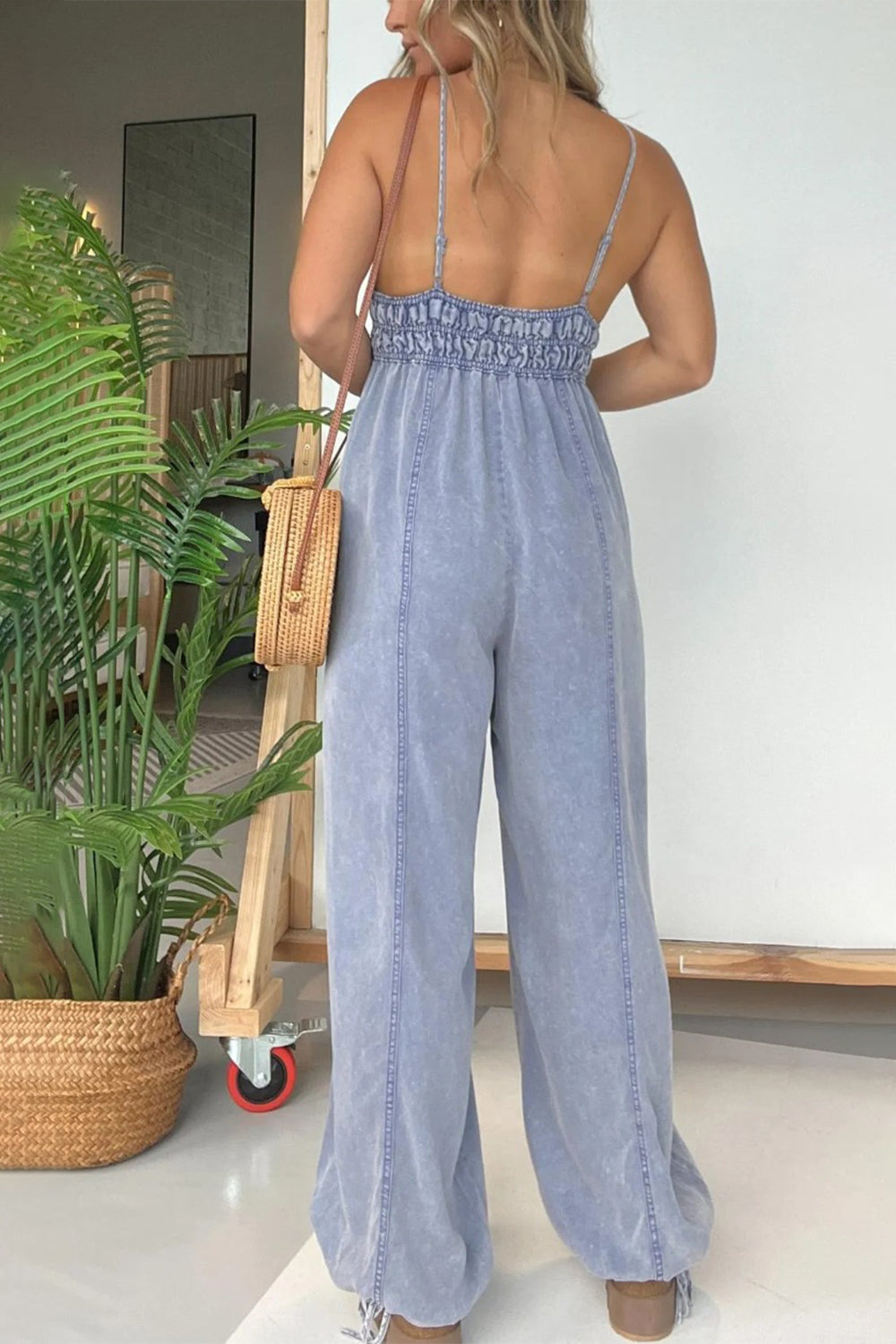 Full Size Spaghetti Strap Denim Look Jumpsuit with Pockets