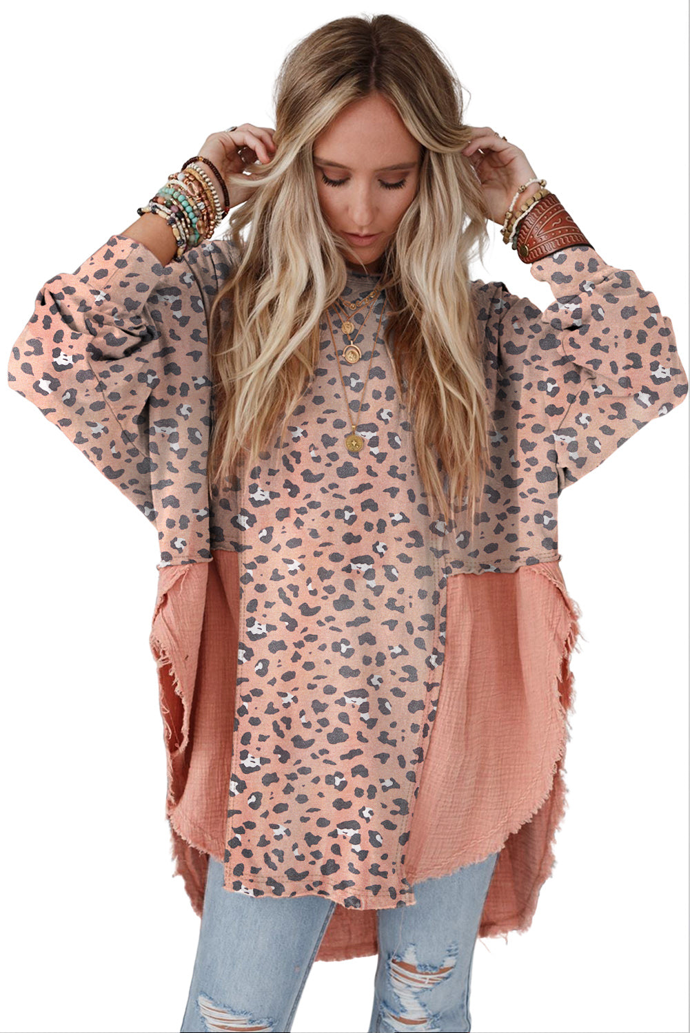 Gray Raw Edge Leopard Patchwork Oversized Blouse