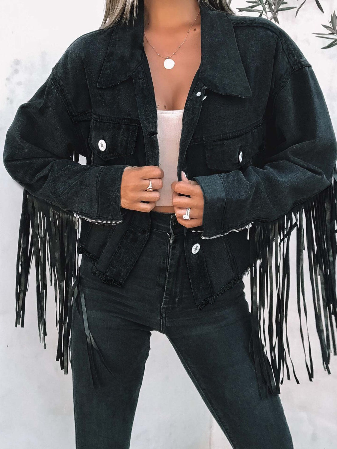 Fringe Button Up Long Sleeve Denim Jacket