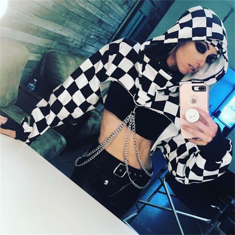 Checkered punk crop hoodie sweatshirt