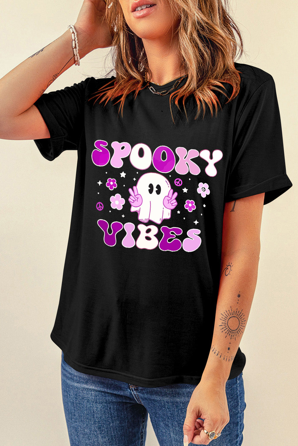 Spooky Vibes Graphic Round Neck Short Sleeve T-Shirt