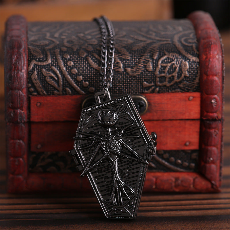 Thin Chain Black Silver Skull Brat Coffin Pocket Watch