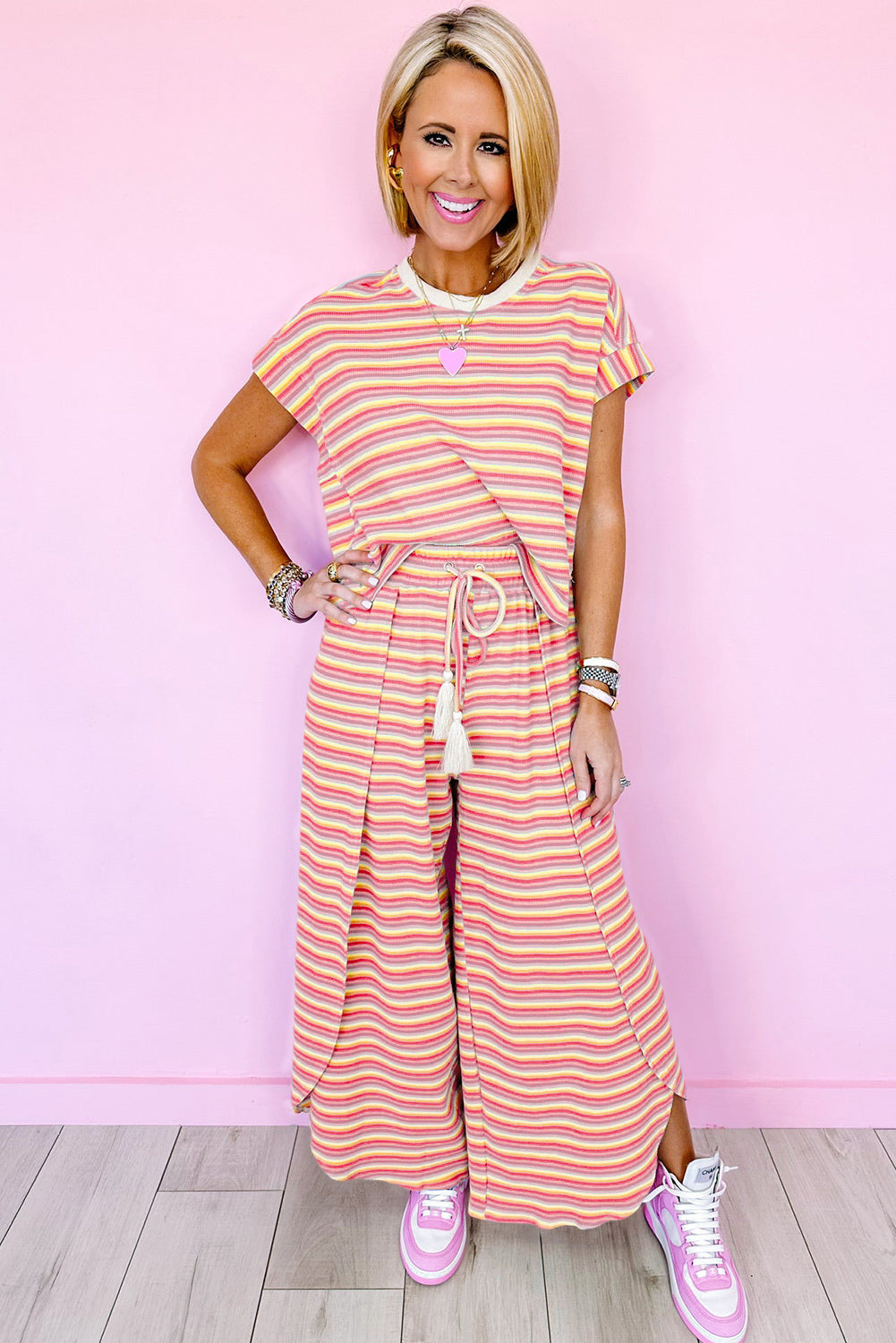 Black Stripe Rainbow Tee and Tassel Drawstring Wide Leg Pants Set