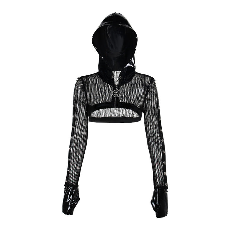 Dark Style Trendy Slim Fit Leather Look Hooded Cropped Blouse