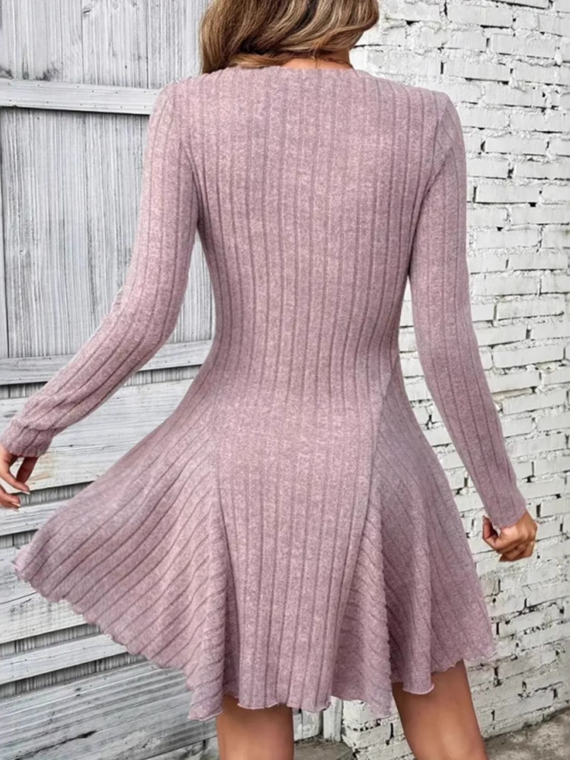 Ribbed Round Neck Long Sleeve Mini Dress