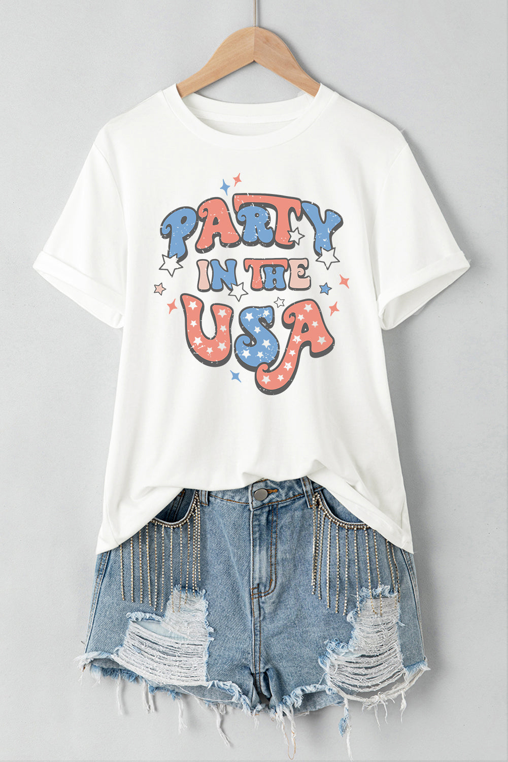 White PARTY IN THE USA Letter Print Star Graphic Tee