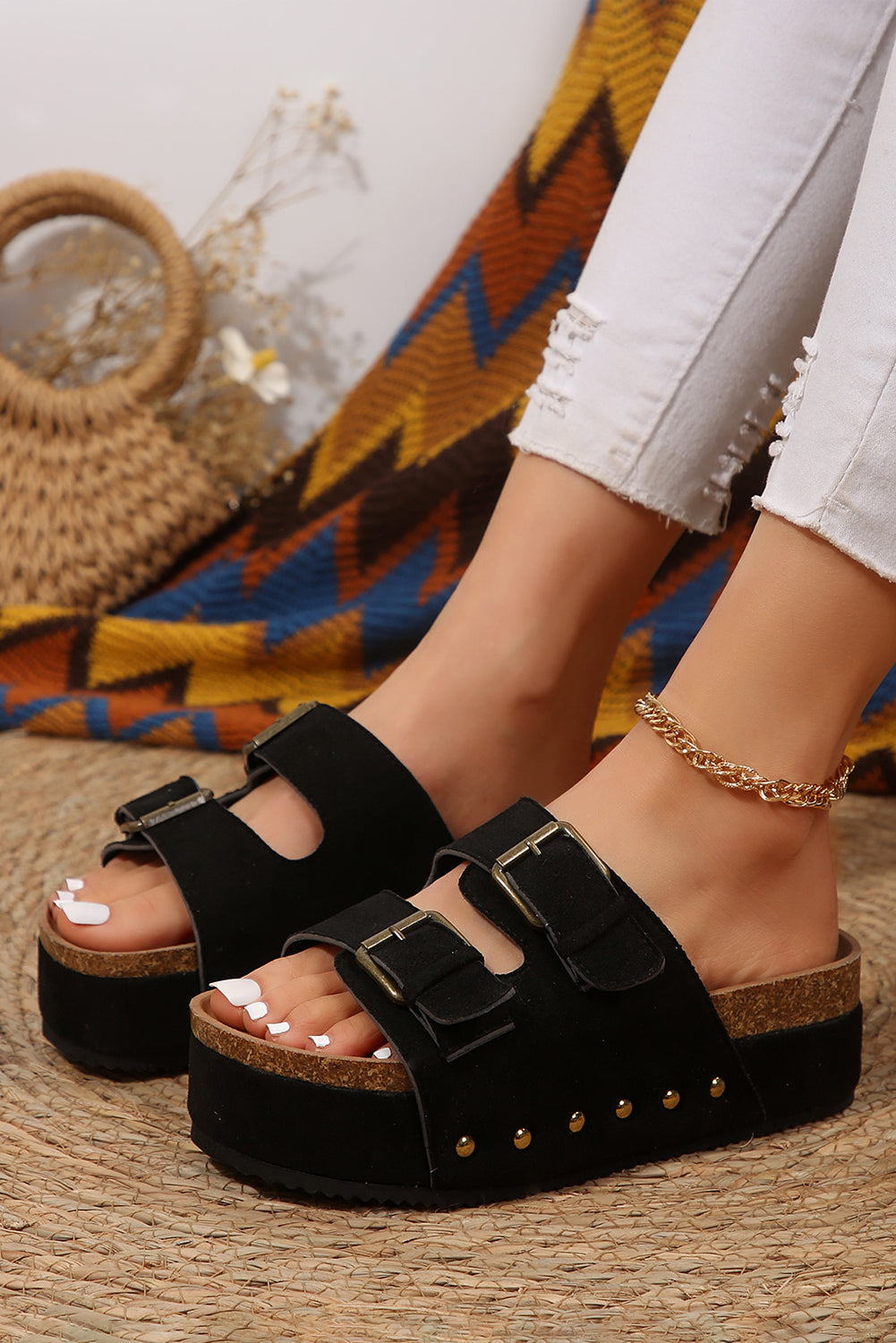 Black Suede Buckle Decor Corky Platform Slippers