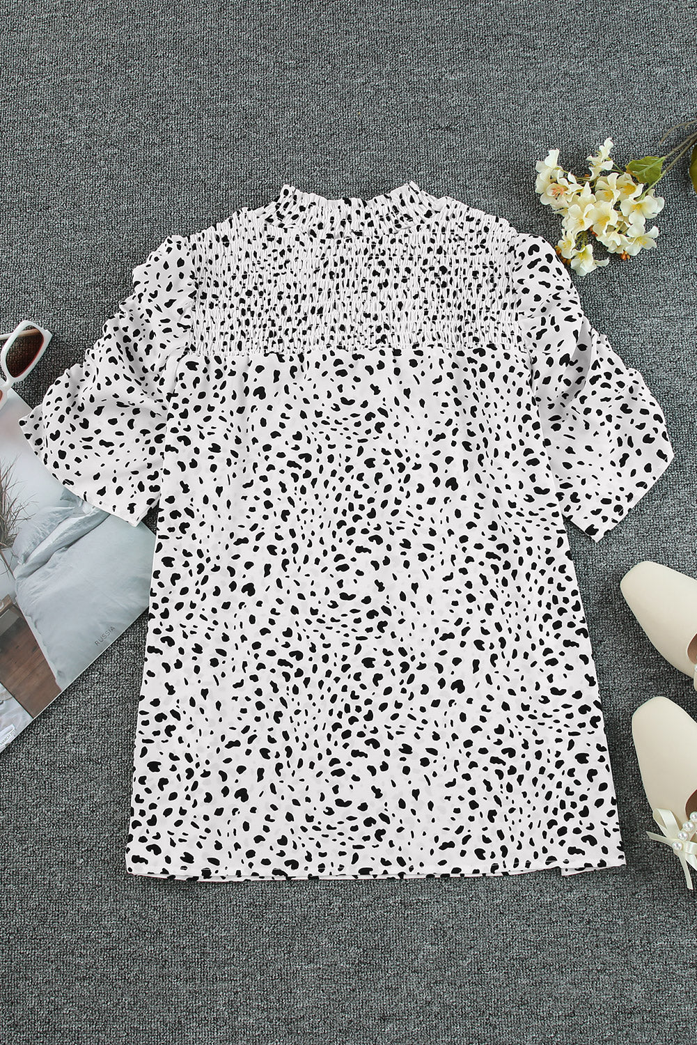 White Leopard Smocked Casual Bubble Sleeve Blouse