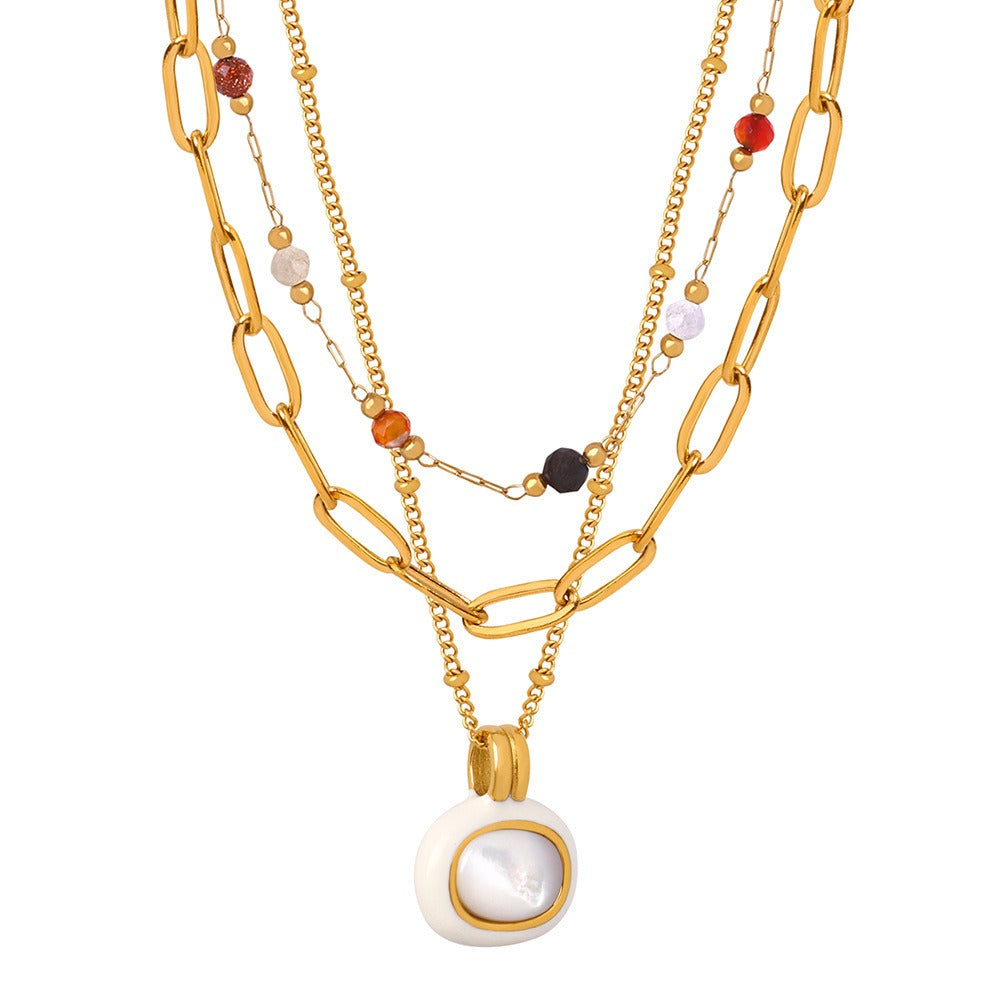 18K gold simple and elegant style stacked necklace with gemstone design