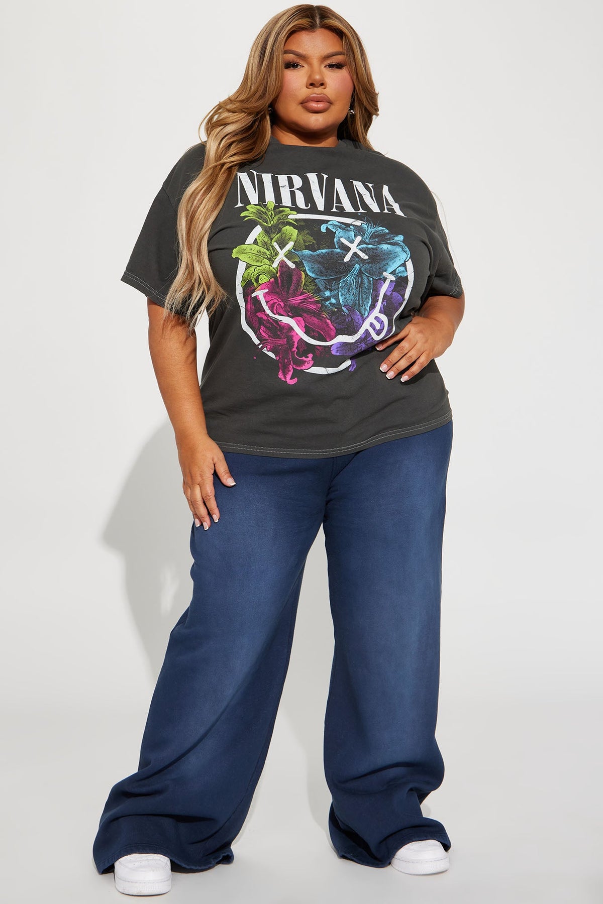 Nirvana Rainbow Floral Smiley Tee - Black Wash