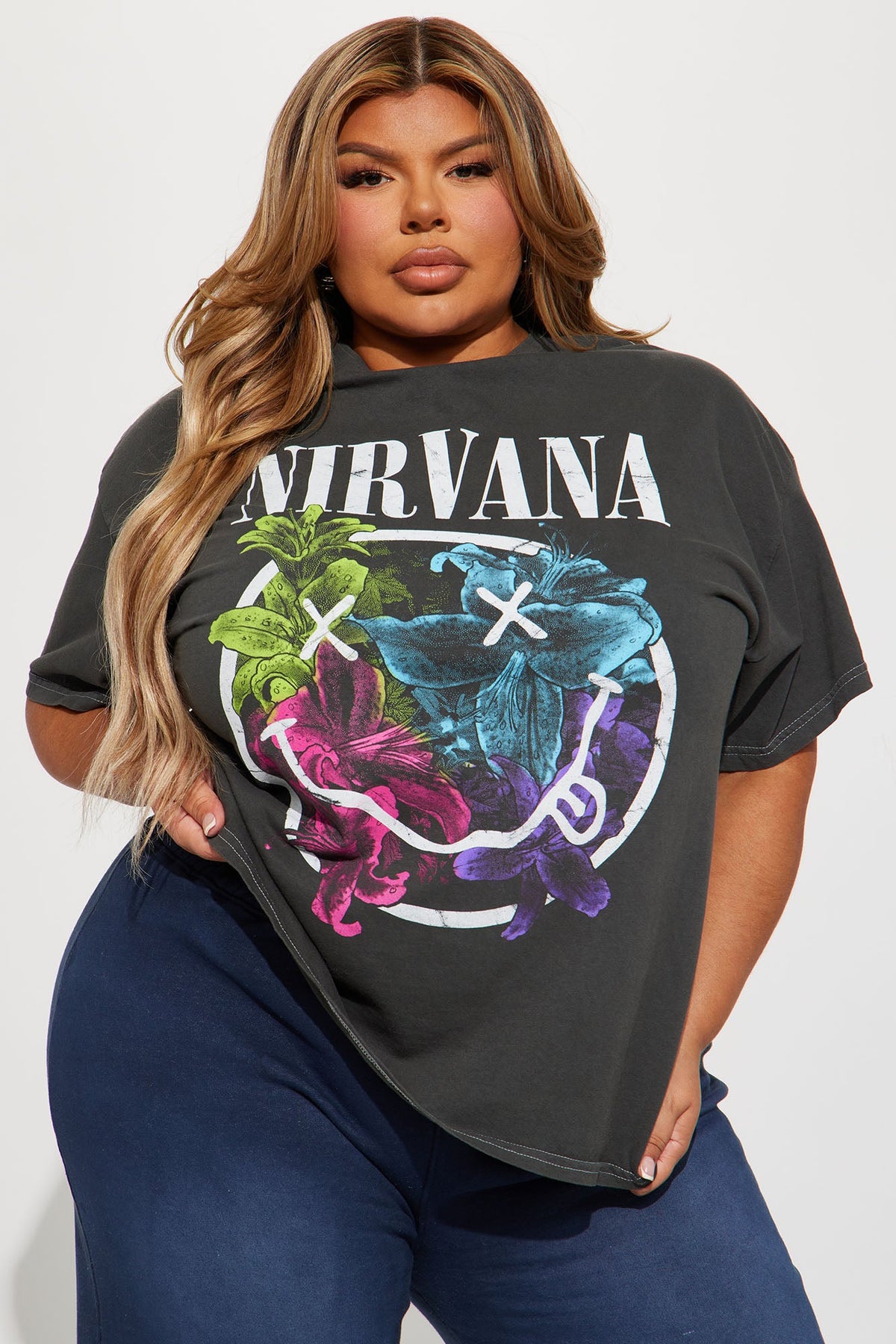 Nirvana Rainbow Floral Smiley Tee - Black Wash