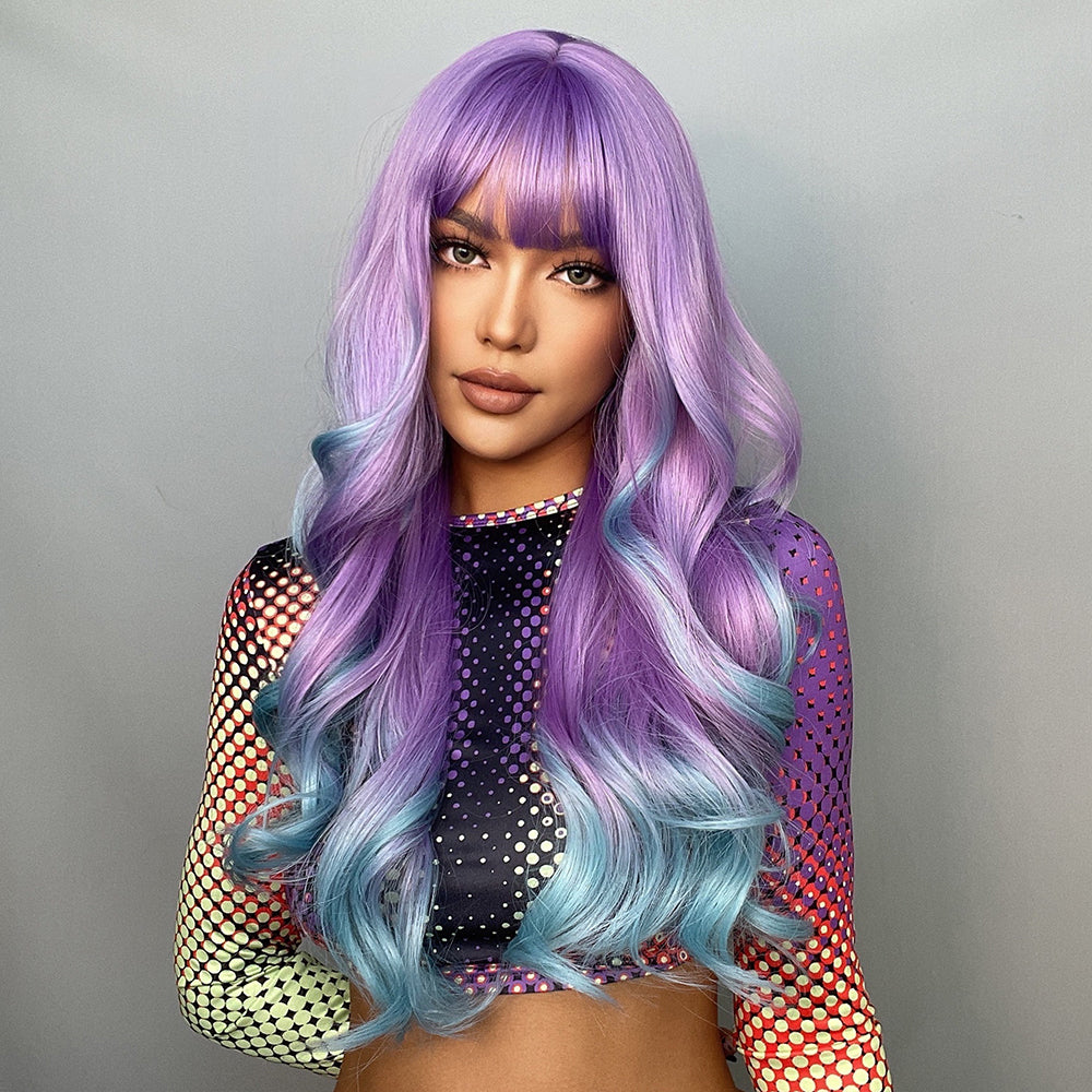 Cosplay Colored Wig With Long Curly Bangs Purple And Blue Gradient Hair