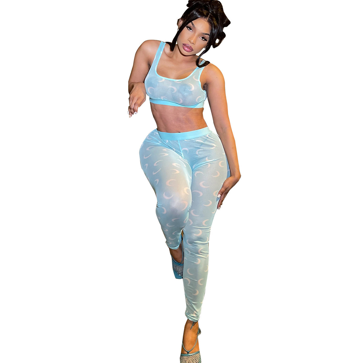 Women's Fashion Crescent Moon Mesh Print Sheer Crop Top and Sheer Leggings Two Piece Outfit Set