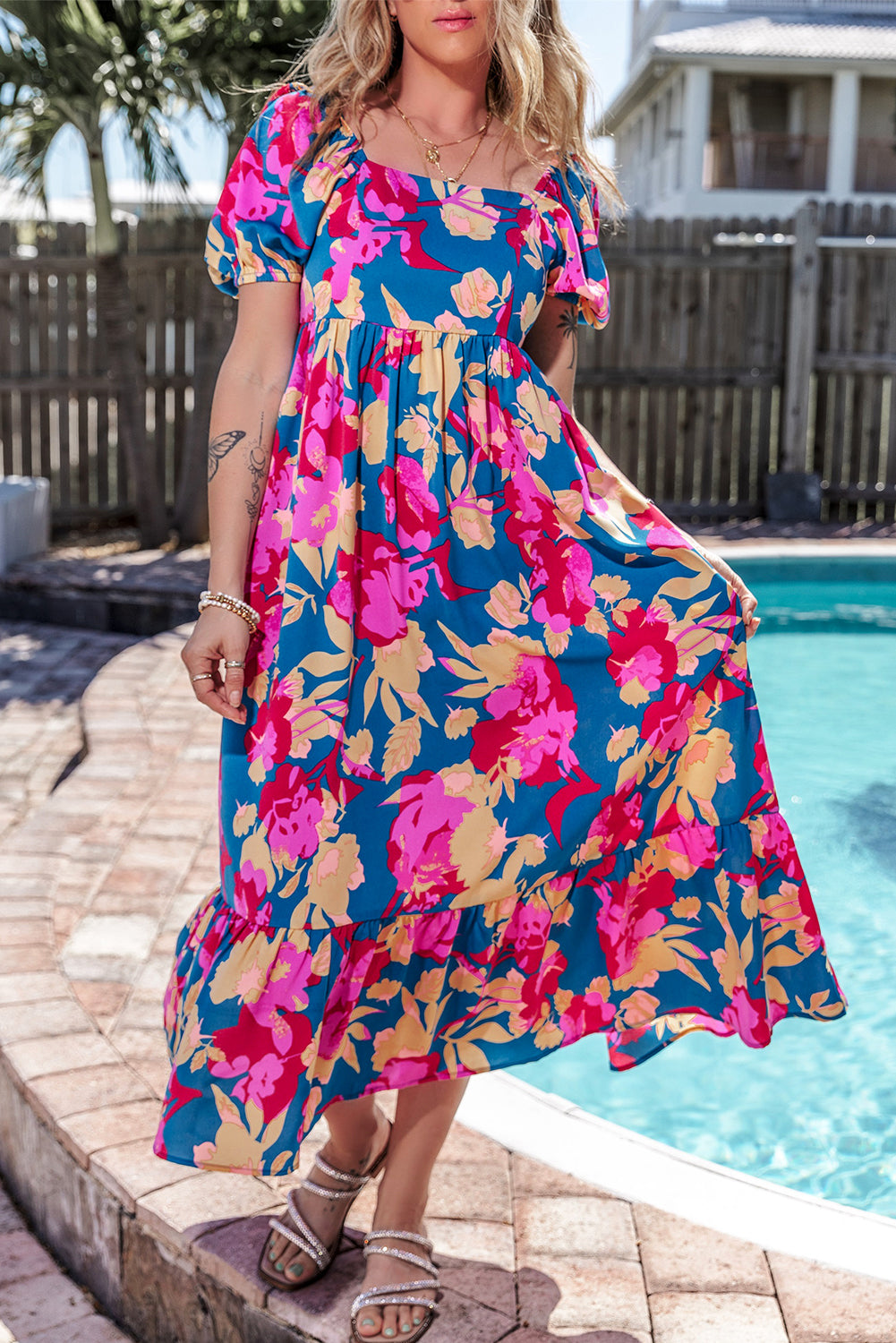 Boho Square Neck Bubble Sleeve Ruffled Floral Dress