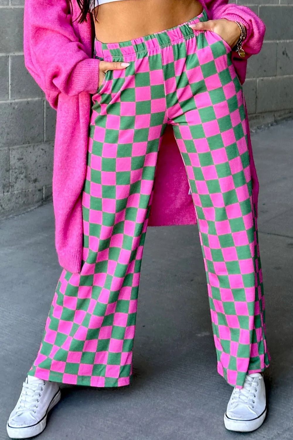 Pink Checkered Wide Leg Pants With Pockets