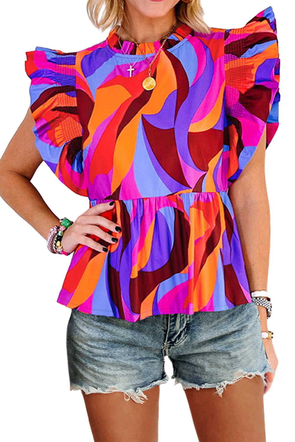 Orange Abstract Print Smocked Flutter Sleeve Peplum Blouse