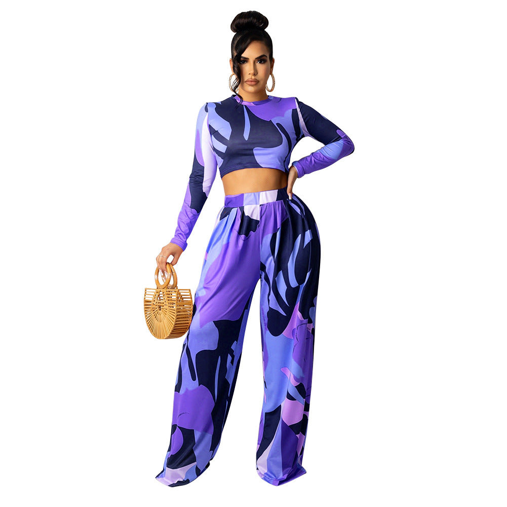 Casual Long-Sleeved Crop Top With Flared Digital Print Pants Two Piece Suit