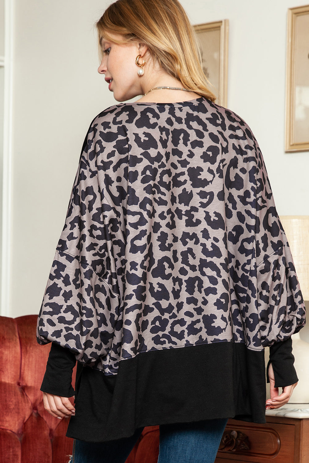 Black Leopard Print Bishop Sleeve Oversized Sweatshirt with Slits