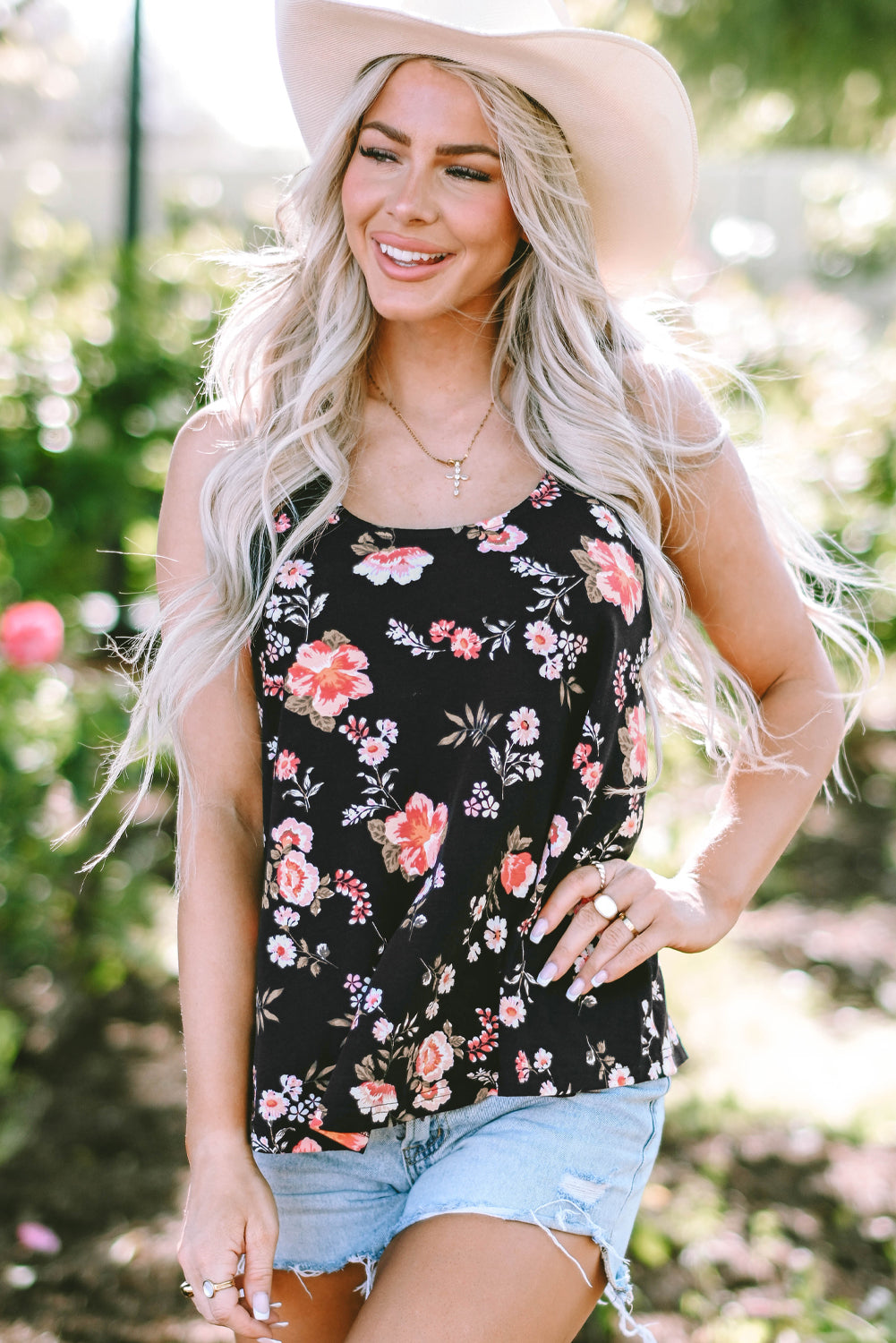 Beige Floral Spaghetti Straps Strappy Back Tank Top