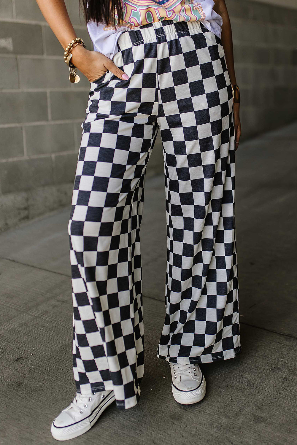 Pink Checkered Wide Leg Pants With Pockets