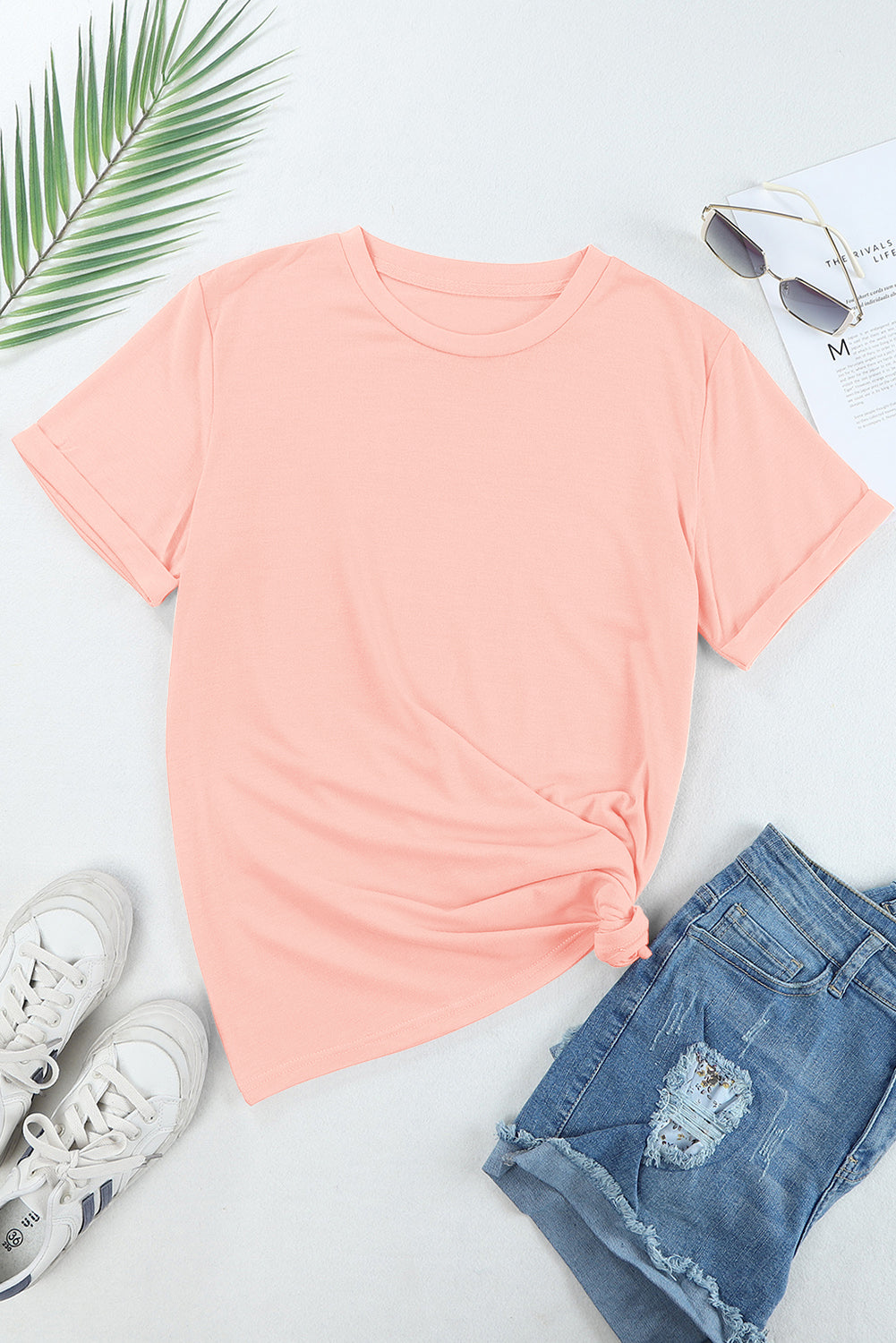 Rose Red Casual Plain Crew Neck Tee