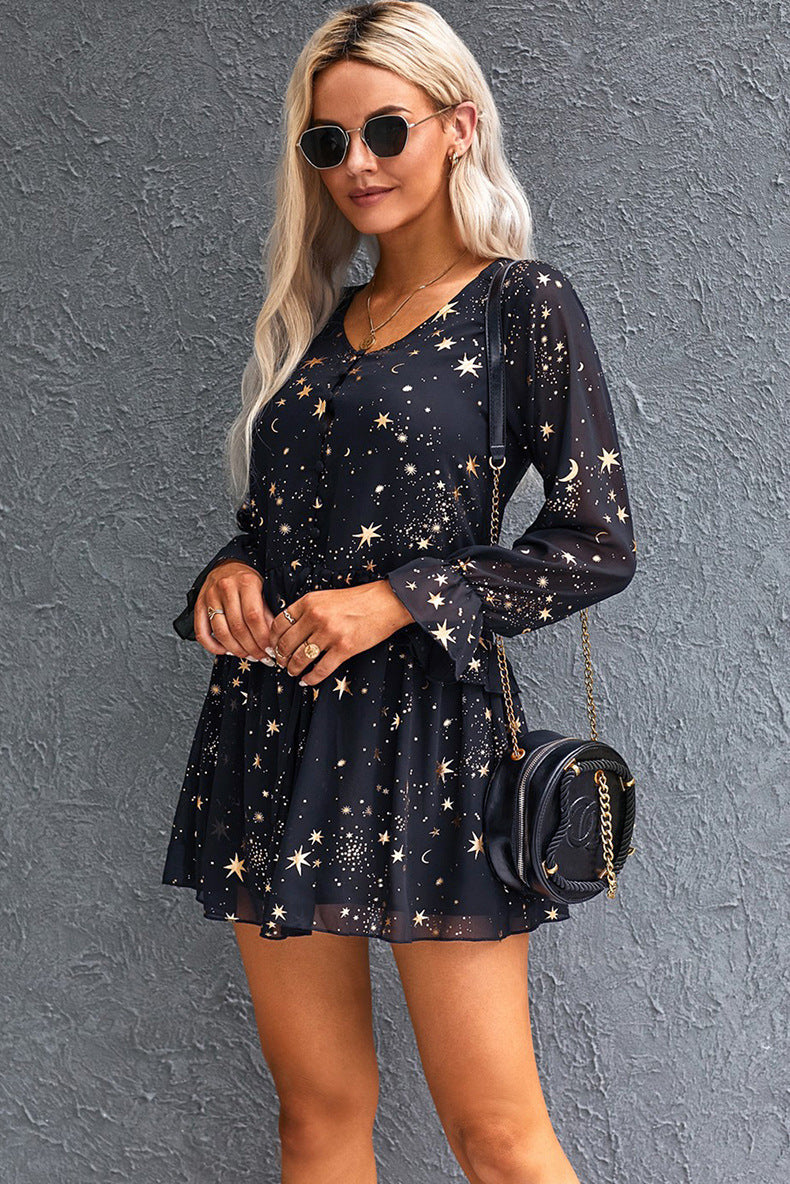 V-neck Star Print Galactic Girl Lantern Long Sleeve Mini Dress