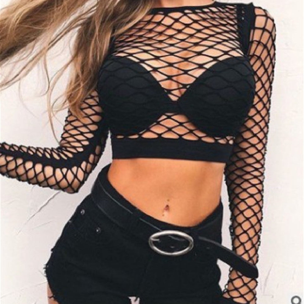 Long Sleeved Fishnet Sheer Nylon Mesh Crop Top