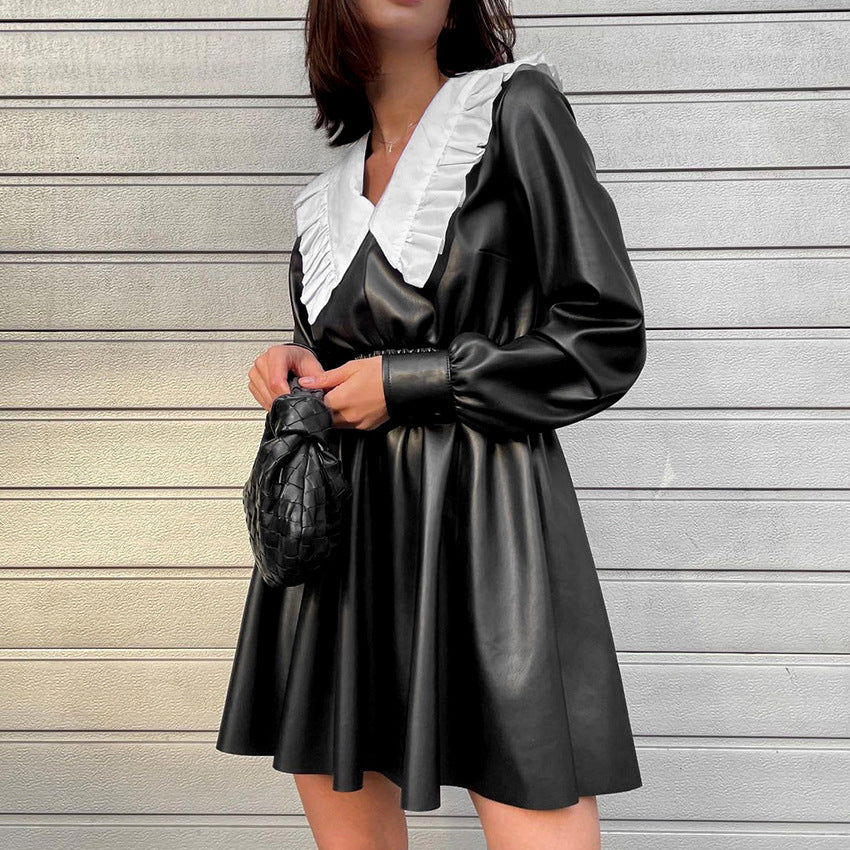 Women's High Waist Long Sleeve Punk Street PU Leather Dress