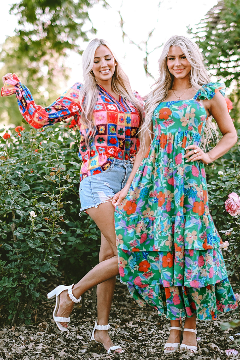 White Checkered Flower Print Boho Bubble Sleeve Blouse