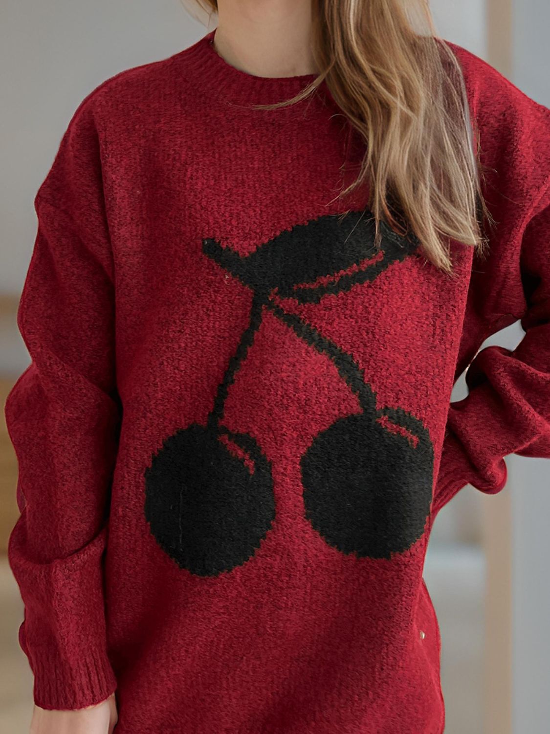 Cherry Print Round Neck Long Sleeve Sweater