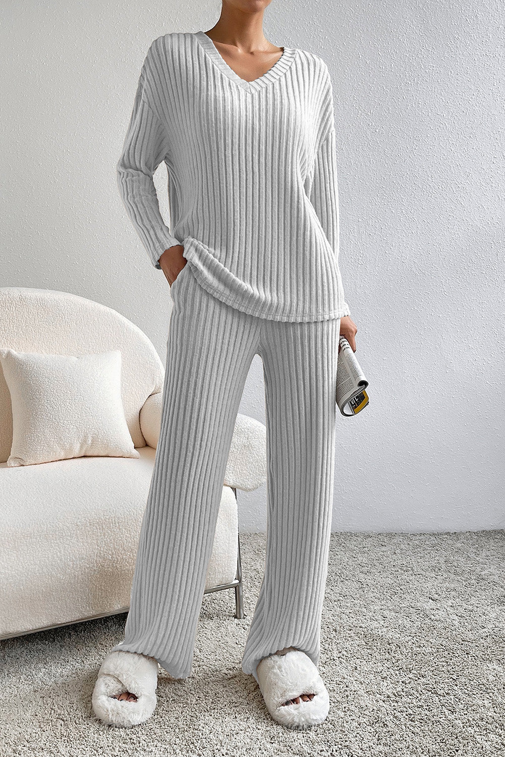 Khaki Ribbed Knit Bell Sleeve Crop Top Drawstring Pants Set