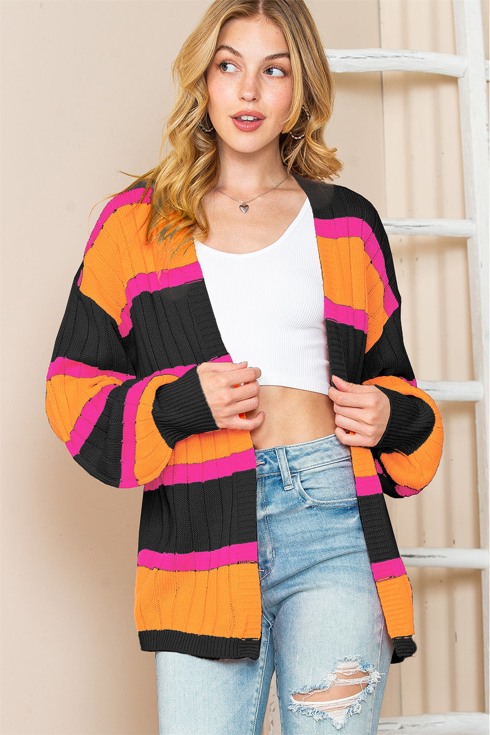 Black Stripe Print Ribbed Knit Sweater Cardigan