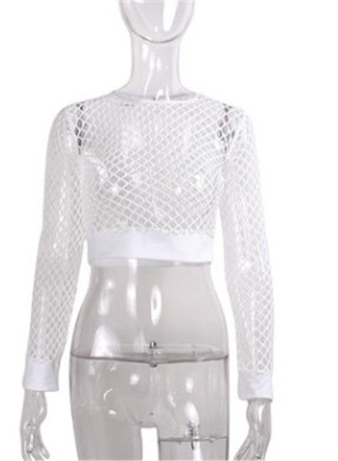 Long Sleeved Fishnet Sheer Nylon Mesh Crop Top