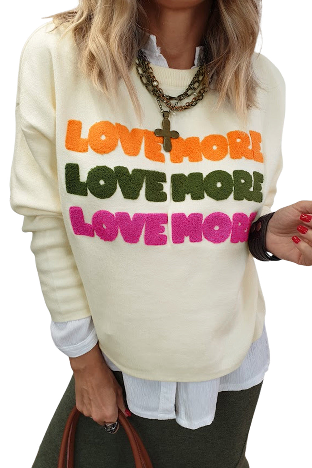 White LOVE MORE Patched Letter Long Sleeve Top