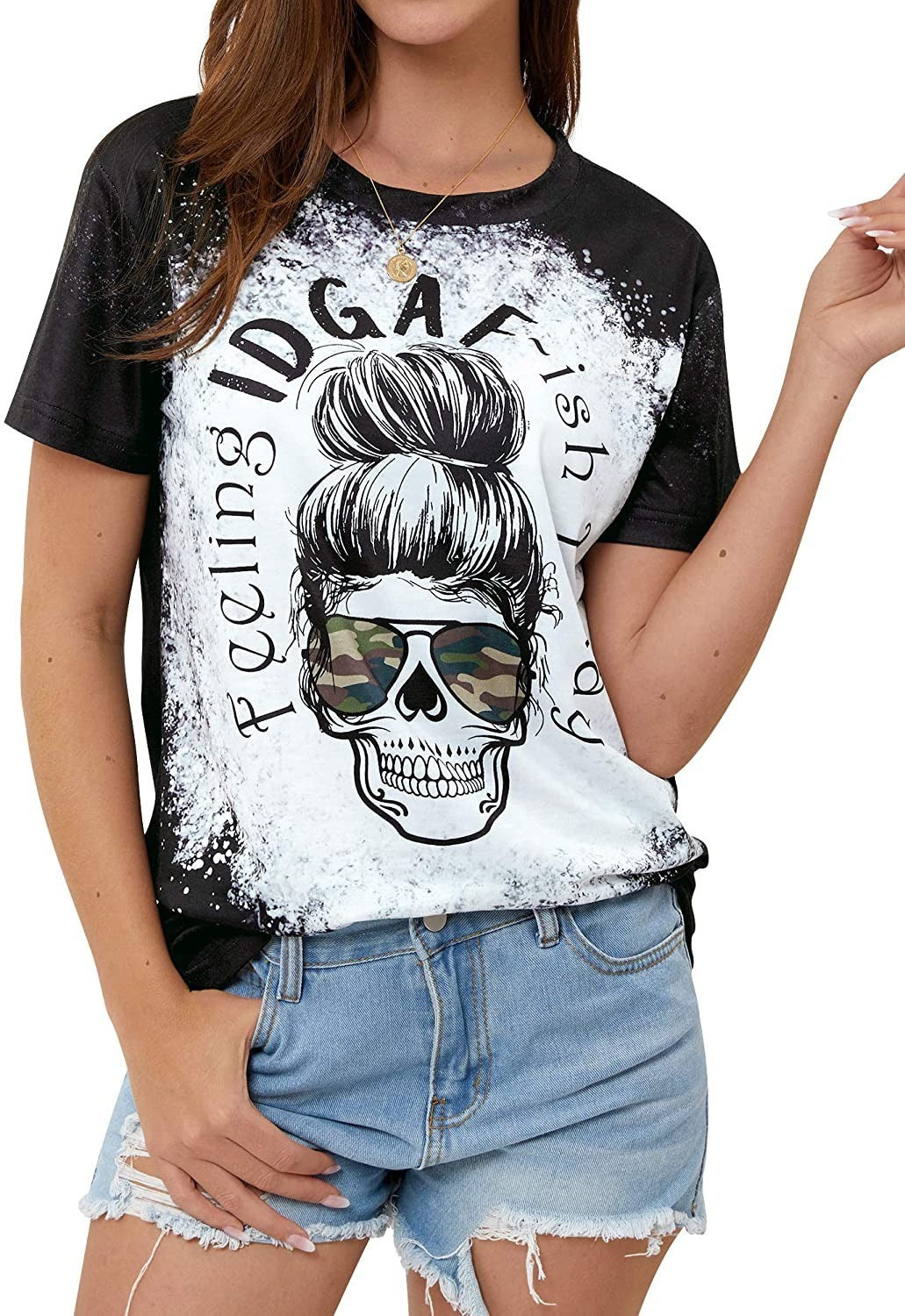 Skull Print Camo Sunglasses Funny Crew Neck Short Sleeve Graphic Print Tee Shirt