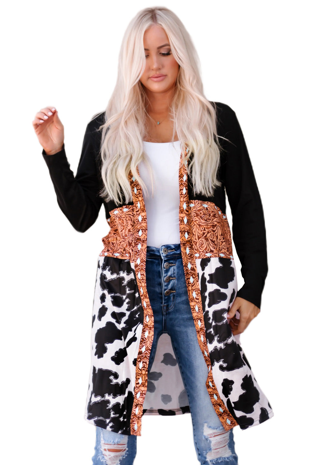 Pink Western Pattern Cow Patchwork Open Front Cardigan