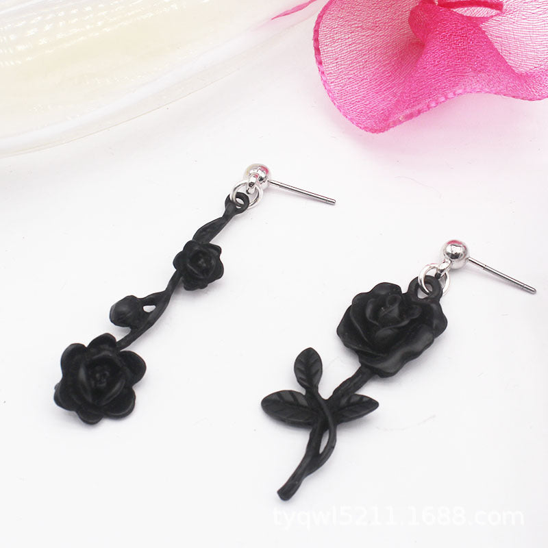 Dark Gothic Style Black Wild Rose Stud Earrings