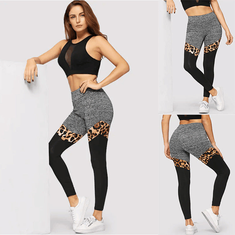 Grey And Black Plus Leopard Print Exposed Stitching Polyester Fiber Leggings