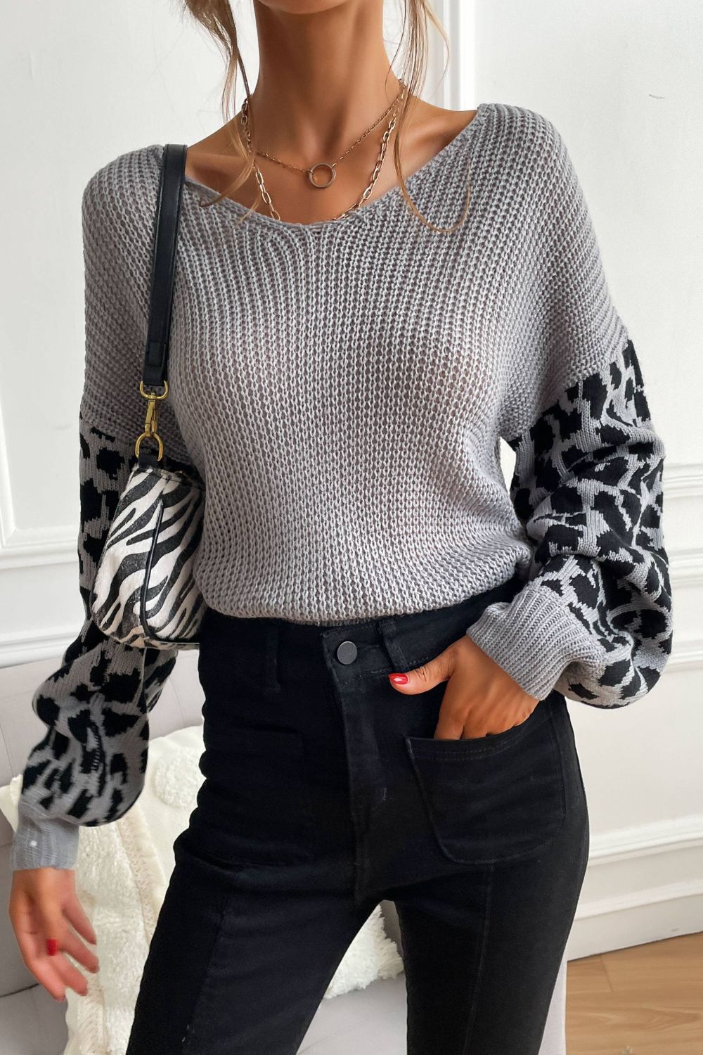 Perfee Leopard Sleeve Dropped Shoulder Sweater