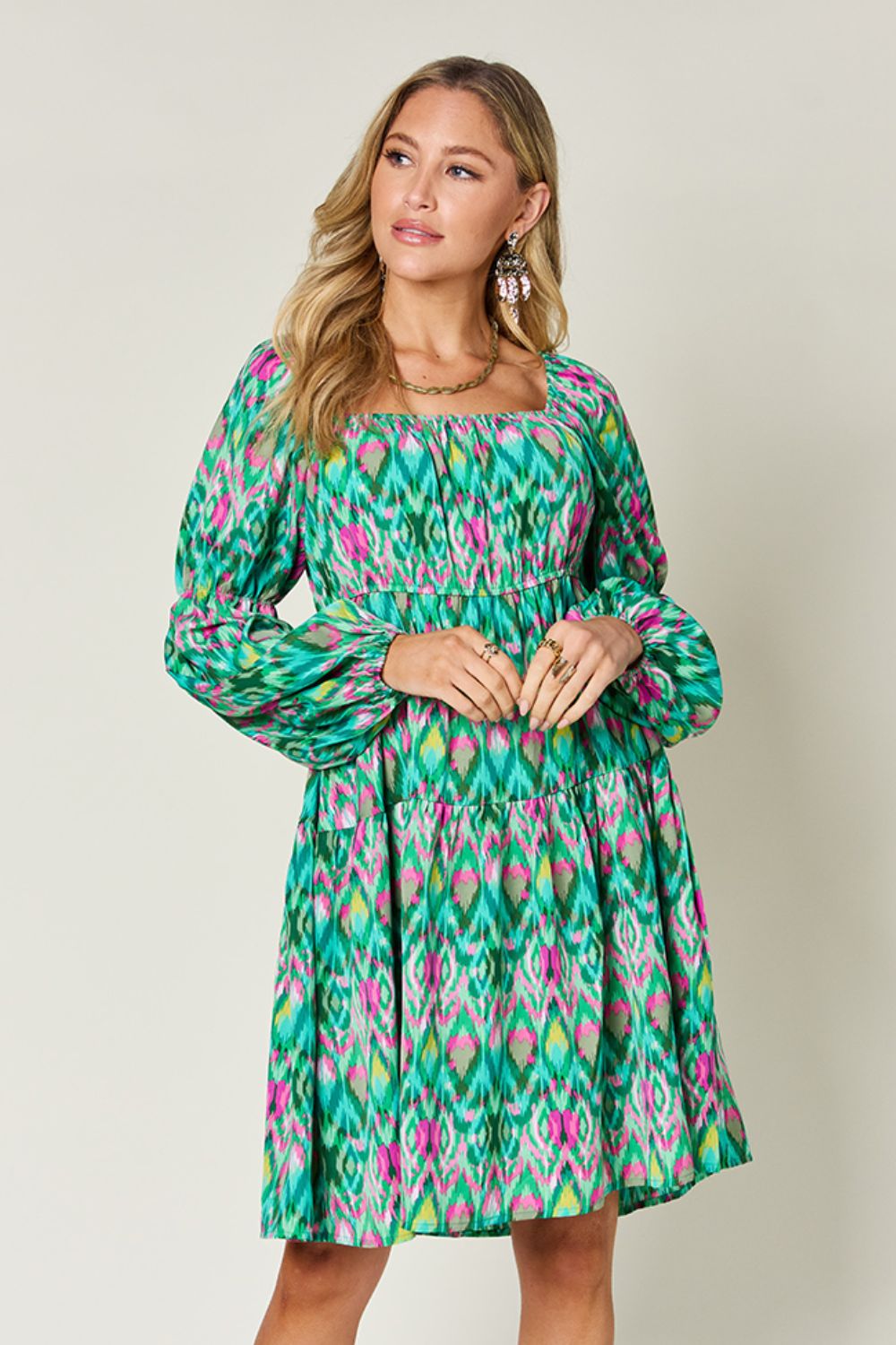 Double Take Full Size Printed Long Sleeve Dress