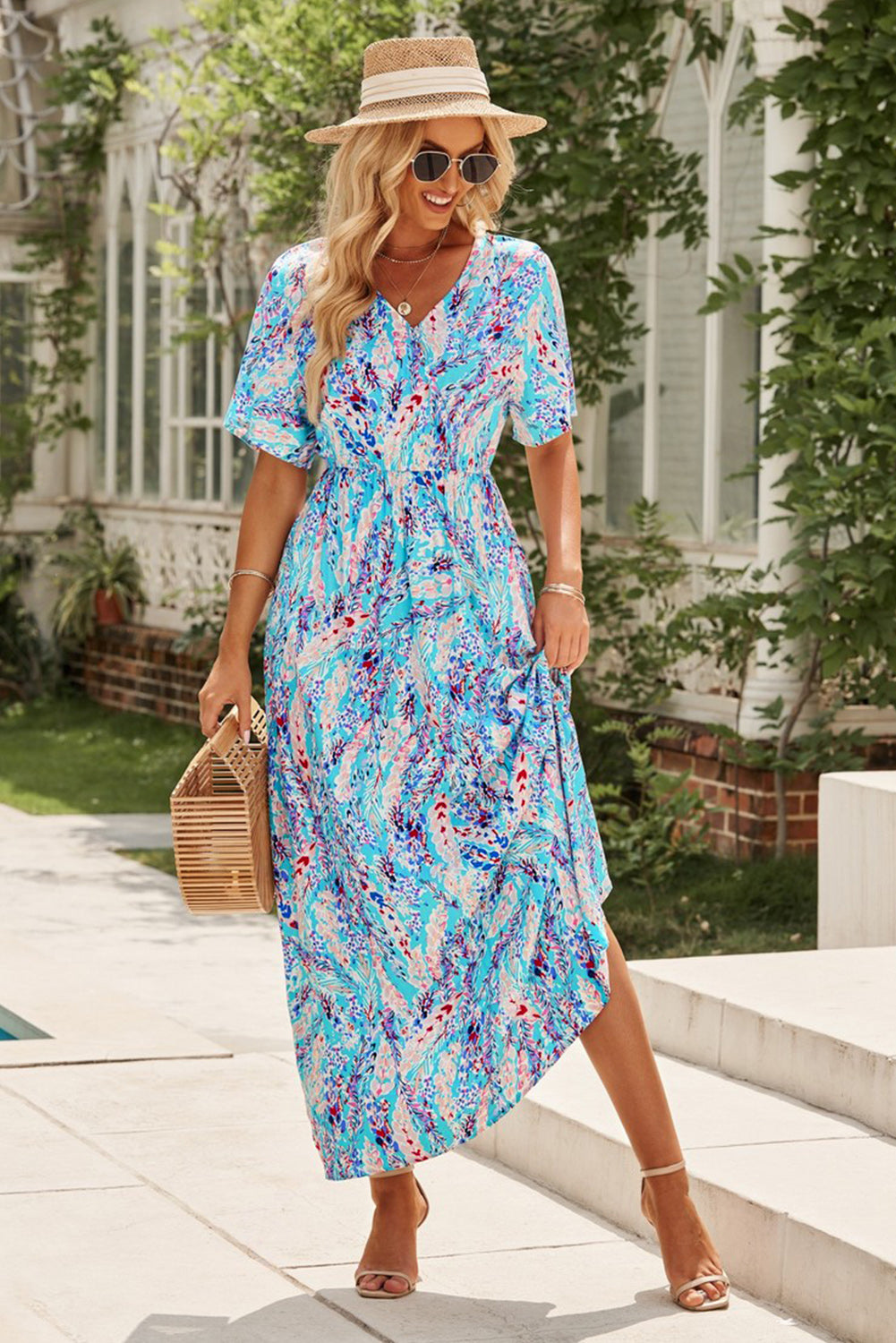 Rose Wrap V Neck Floral Maxi Dress