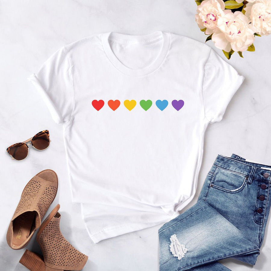 Colorful Rainbow Heart Print Casual Simple Style Graphic Printed T-shirt