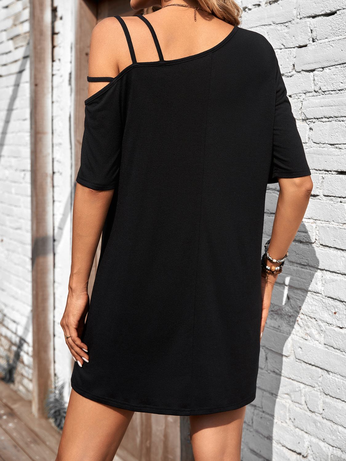 Asymmetrical Neck Half Sleeve Mini Dress