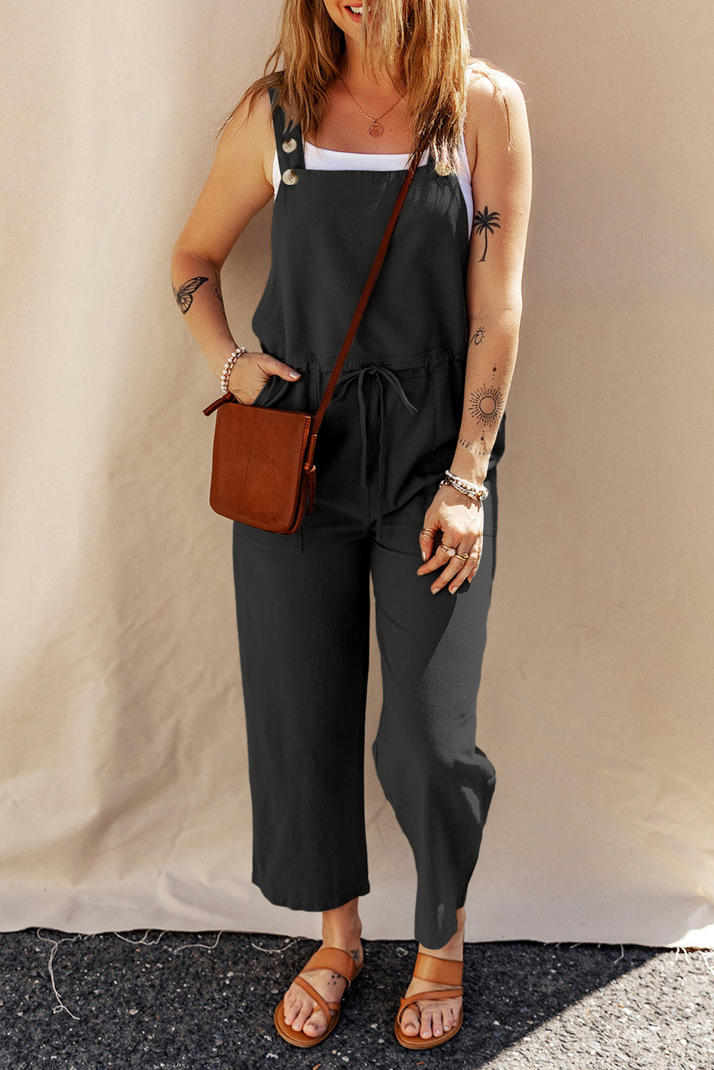 Black Drawstring Buttoned Straps Cropped Overalls - Stylish and Comfortable Women's Jumpsuit