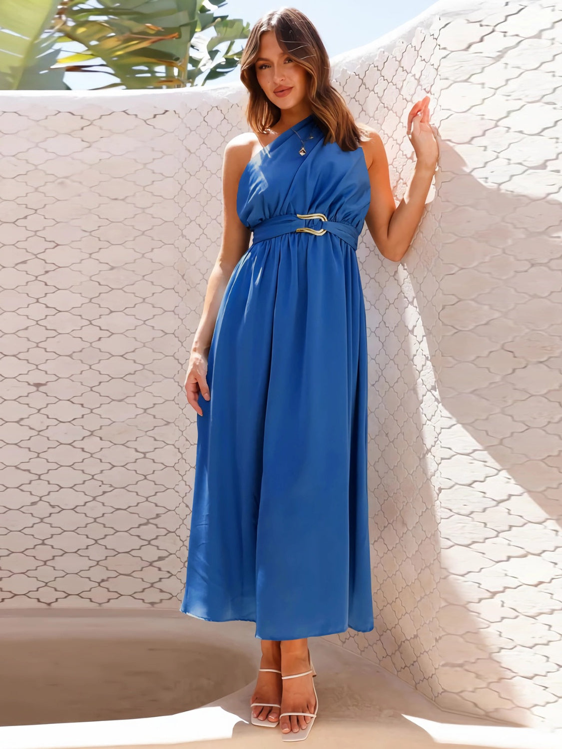 Single Shoulder Basic Boho Midi Dress