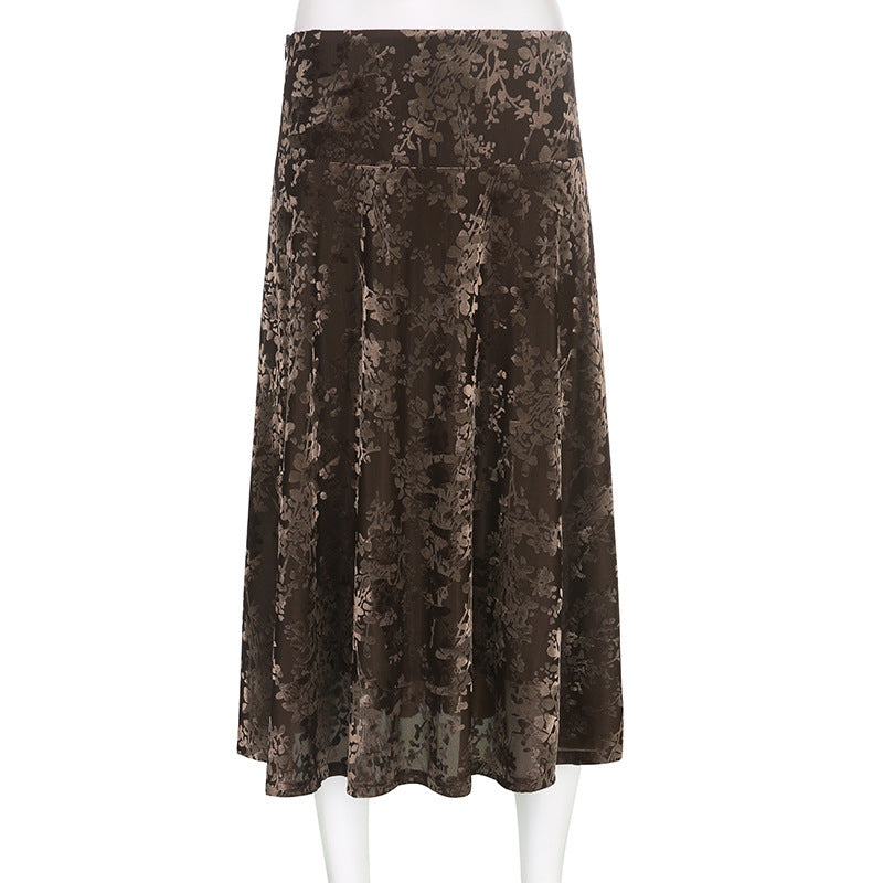 Vintage Dark Velvet Retro Printed Slim Ankle Length Skirt