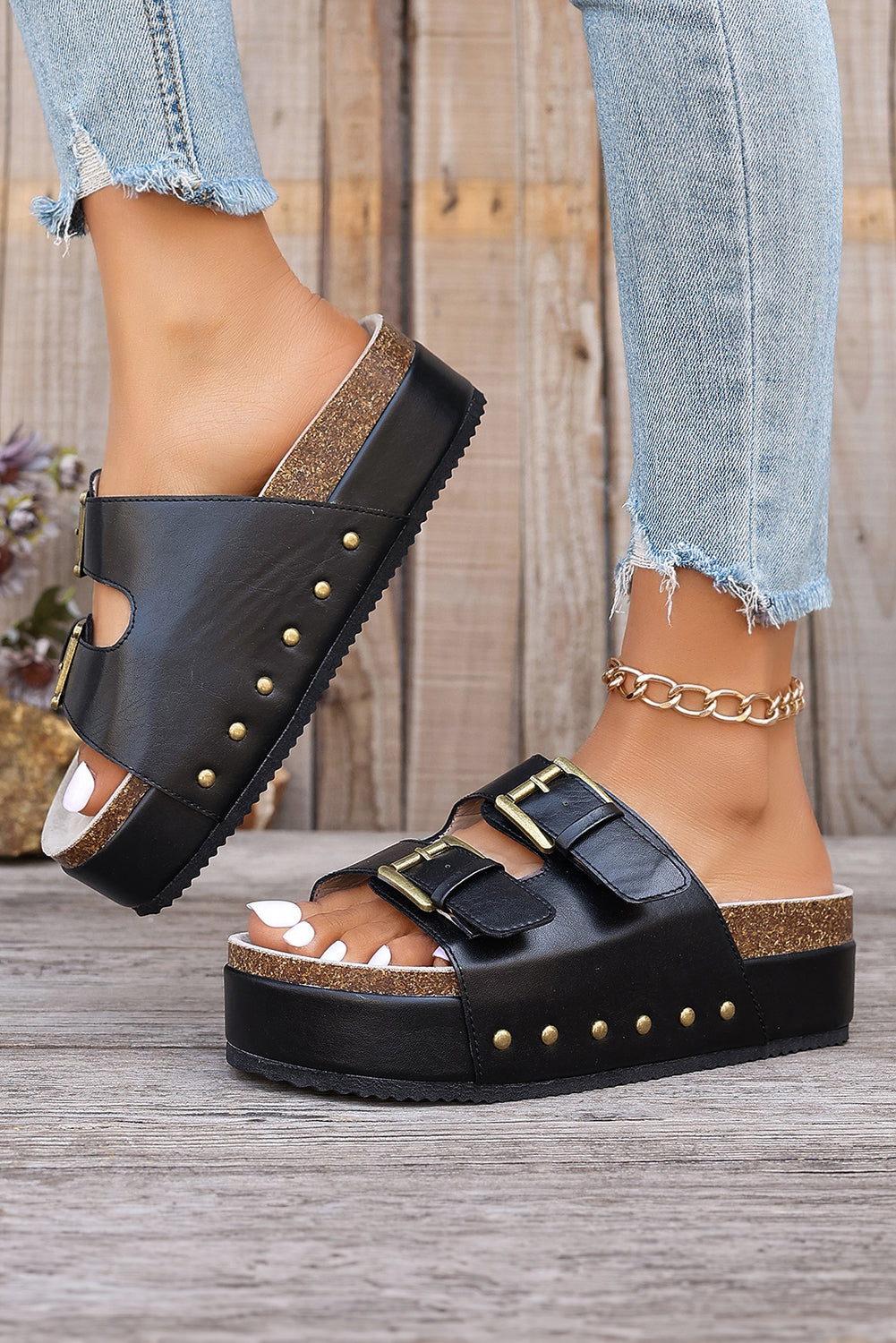 Ginger Dual Buckle Studded Platform Slides Shoes