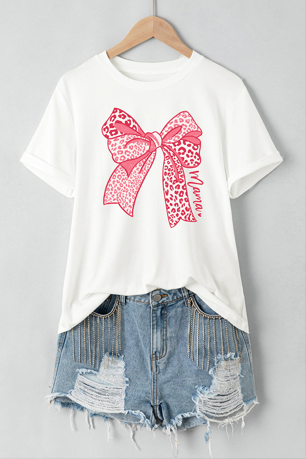 White Leopard Bowknot Graphic Crew Neck Tee