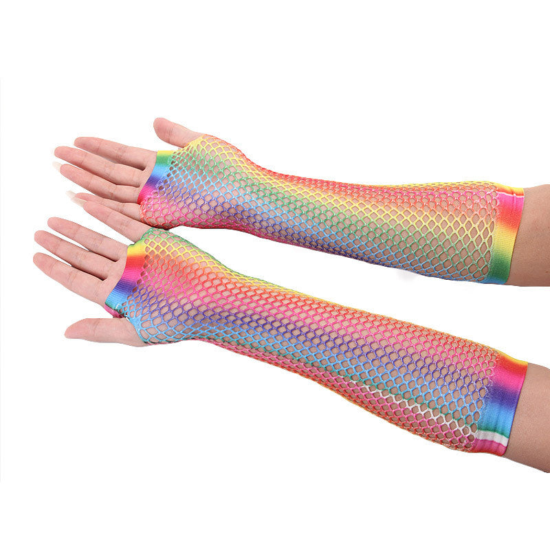 Rainbow Color Sexy Fishnet Half Sleeve Fingetless Net Gloves